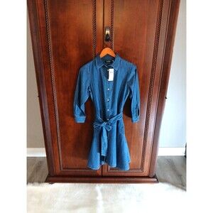 Lauren Ralph Lauren Black Label Size 4 Denim Shirt Dress Tie Front & Pockets